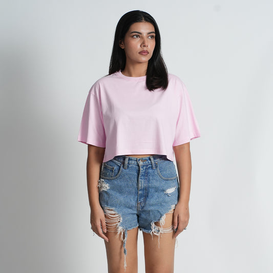 Basic Pastel Pink Drop shoulder Baggy Fit Croptop