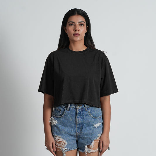 Black Half Sleeve Oversized Round Neck Croptop