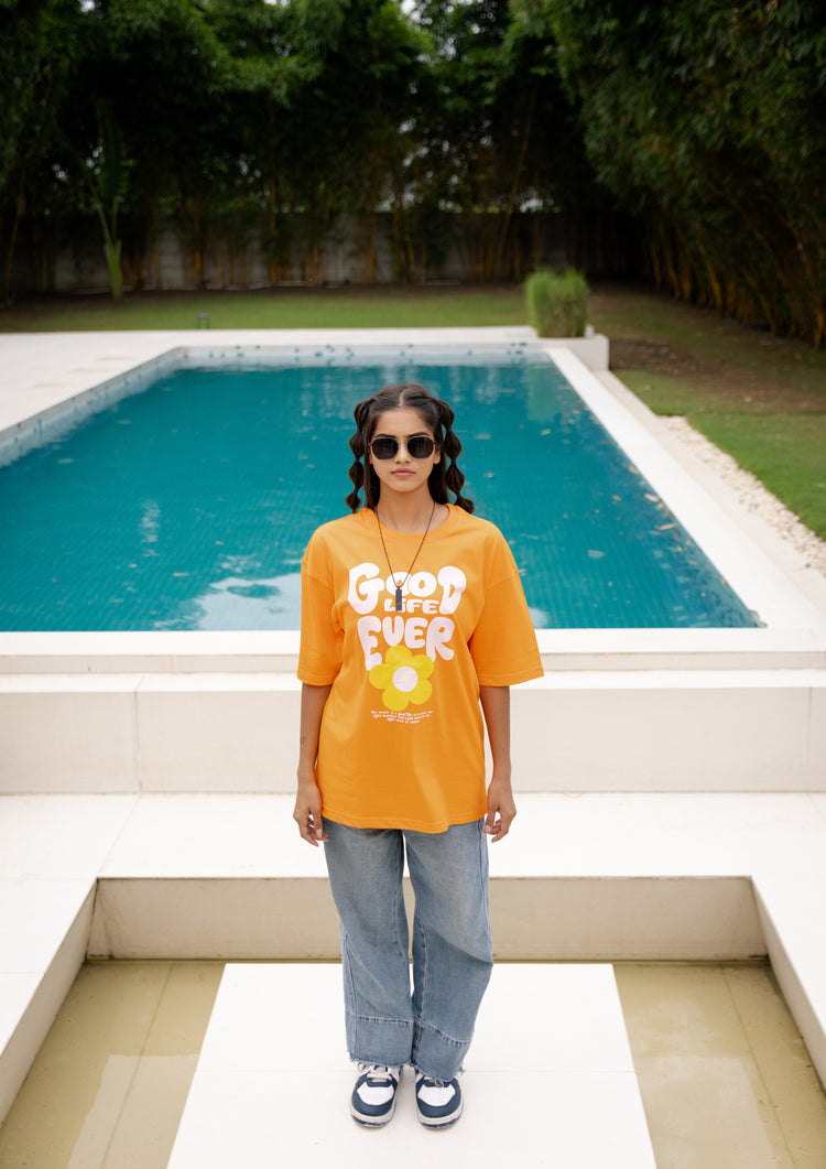 Womens oversized drop shoulder good life ever orange t-shirt