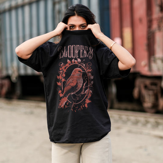 Bloopers Bird women's black oversized dropshoulder t-shirt