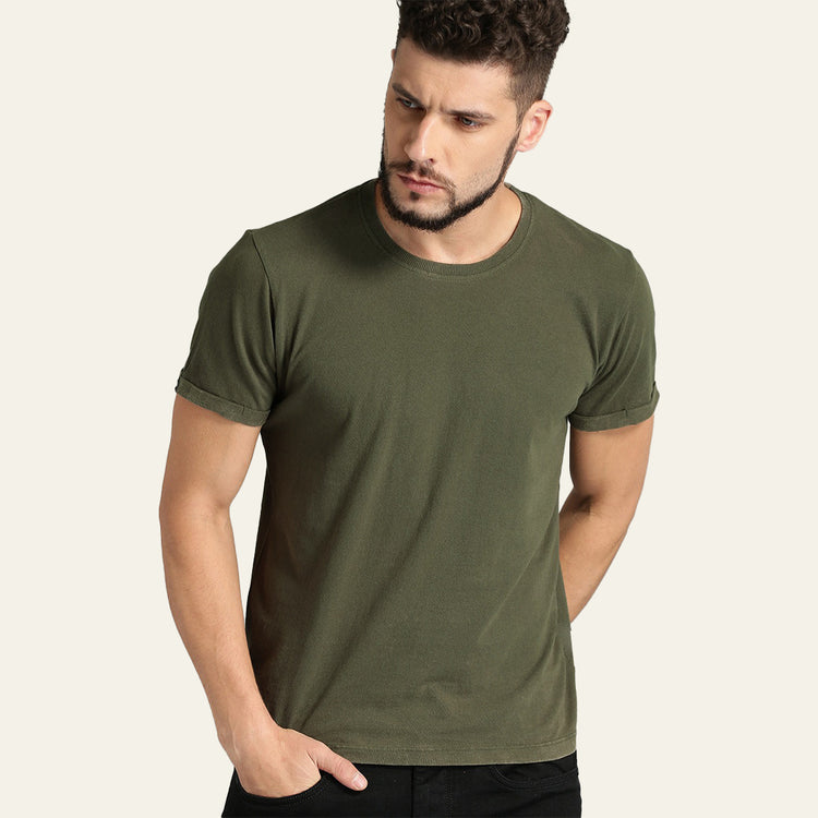 Basic Olive Green Regular Fit Roundneck T-shirt