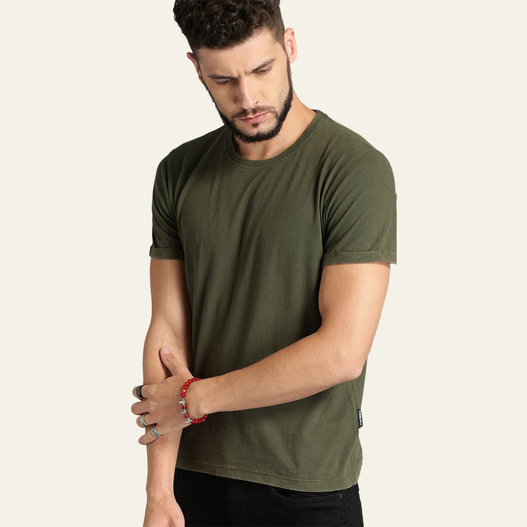Basic Olive Green Regular Fit Roundneck T-shirt