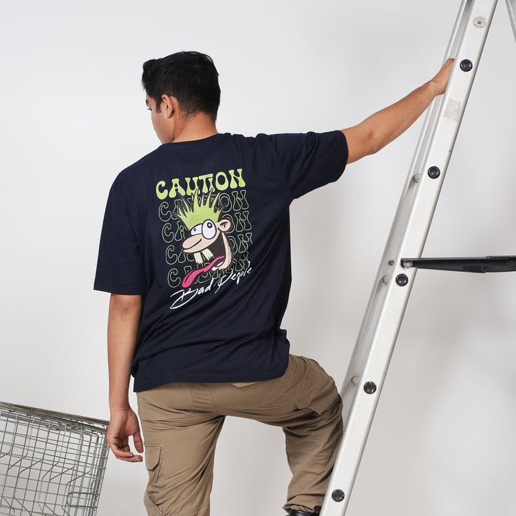 Caution graphic printed Navy Blue oversized tshirt