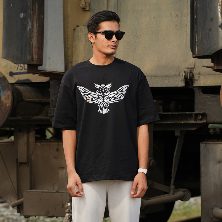 OWL HOLOGRAPHIC BLACK OVERSIZED T-SHIRT