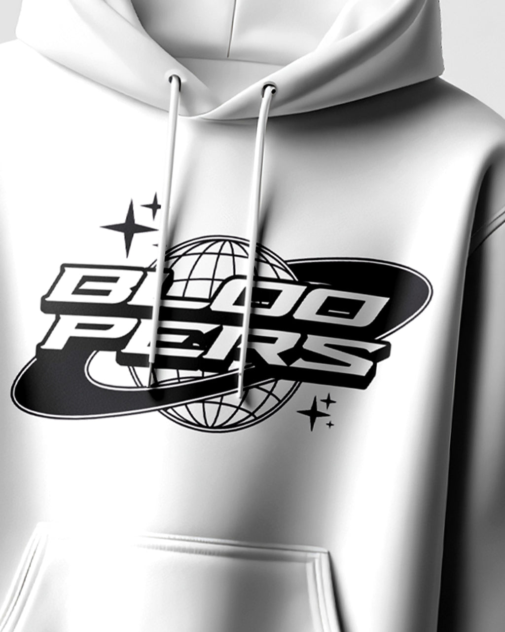White hoodie with 'Block Peers' logo on a white background