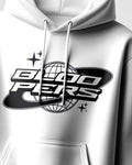 White hoodie with 'Block Peers' logo on a white background