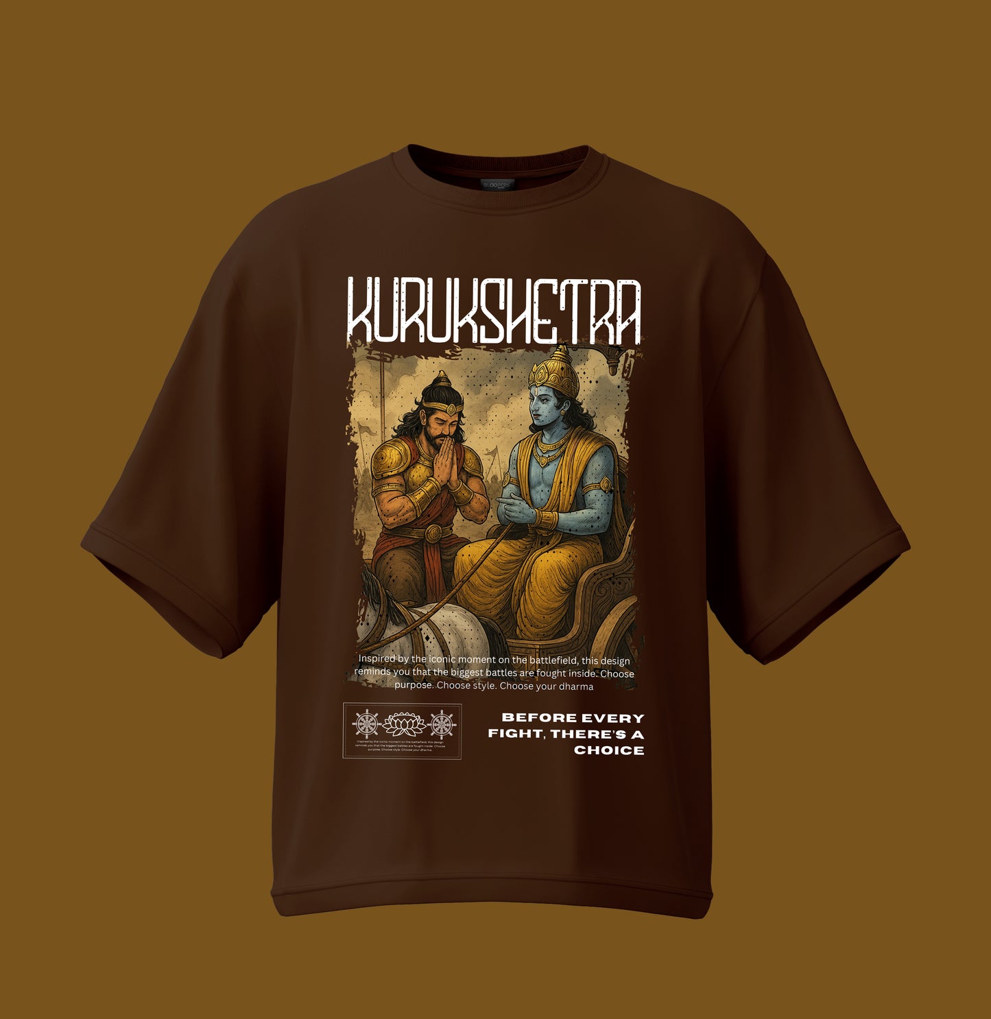 Brown t-shirt with graphic design and text on a brown background