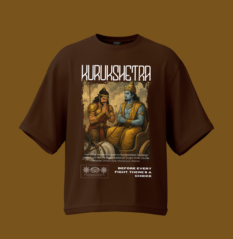 Brown t-shirt with graphic design and text on a brown background