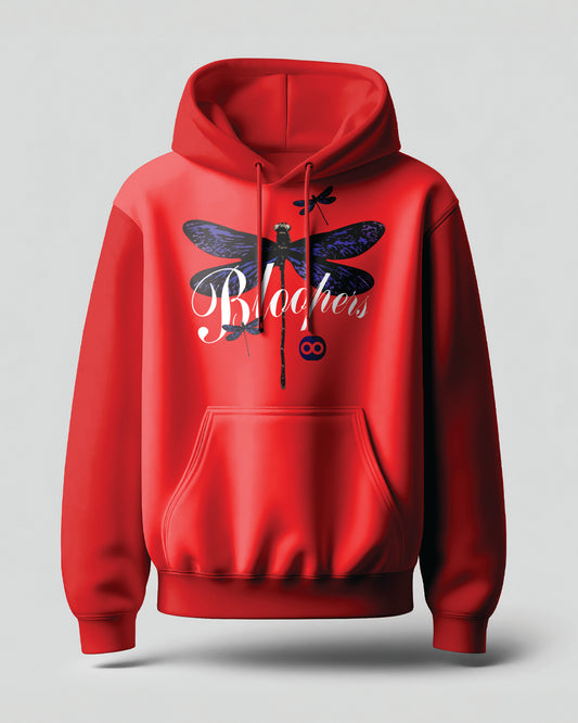Red hoodie with a dragonfly design and text