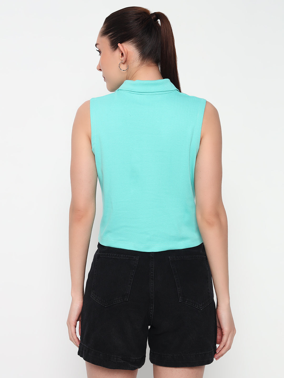 Women Collar Sea green Tank Top