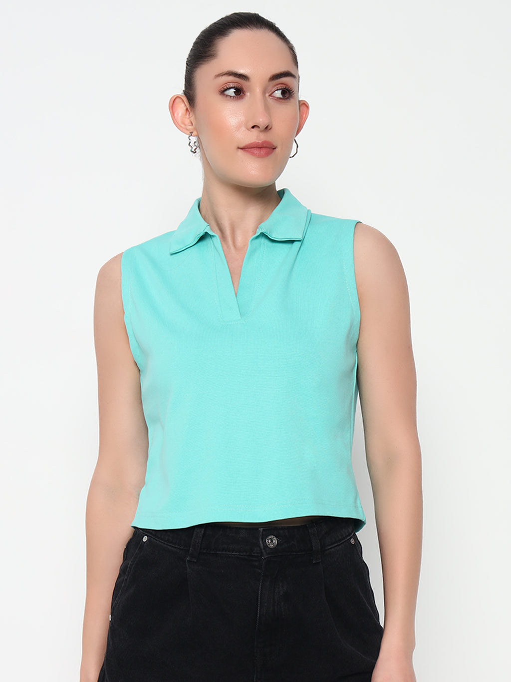 Women Collar Sea green Tank Top