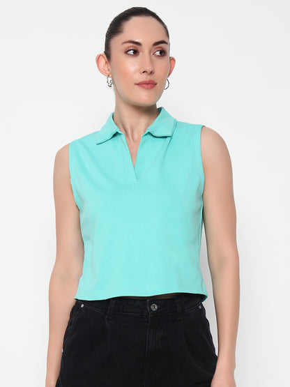 Women Collar Sea green Tank Top