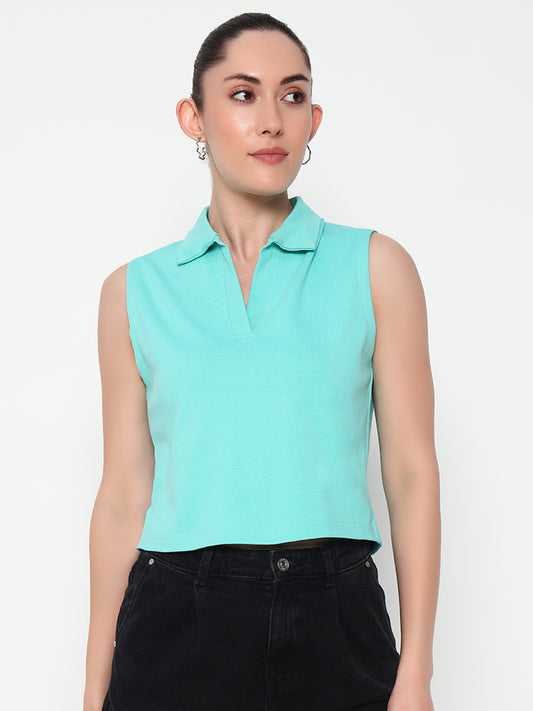 Women Collar Sea green Tank Top