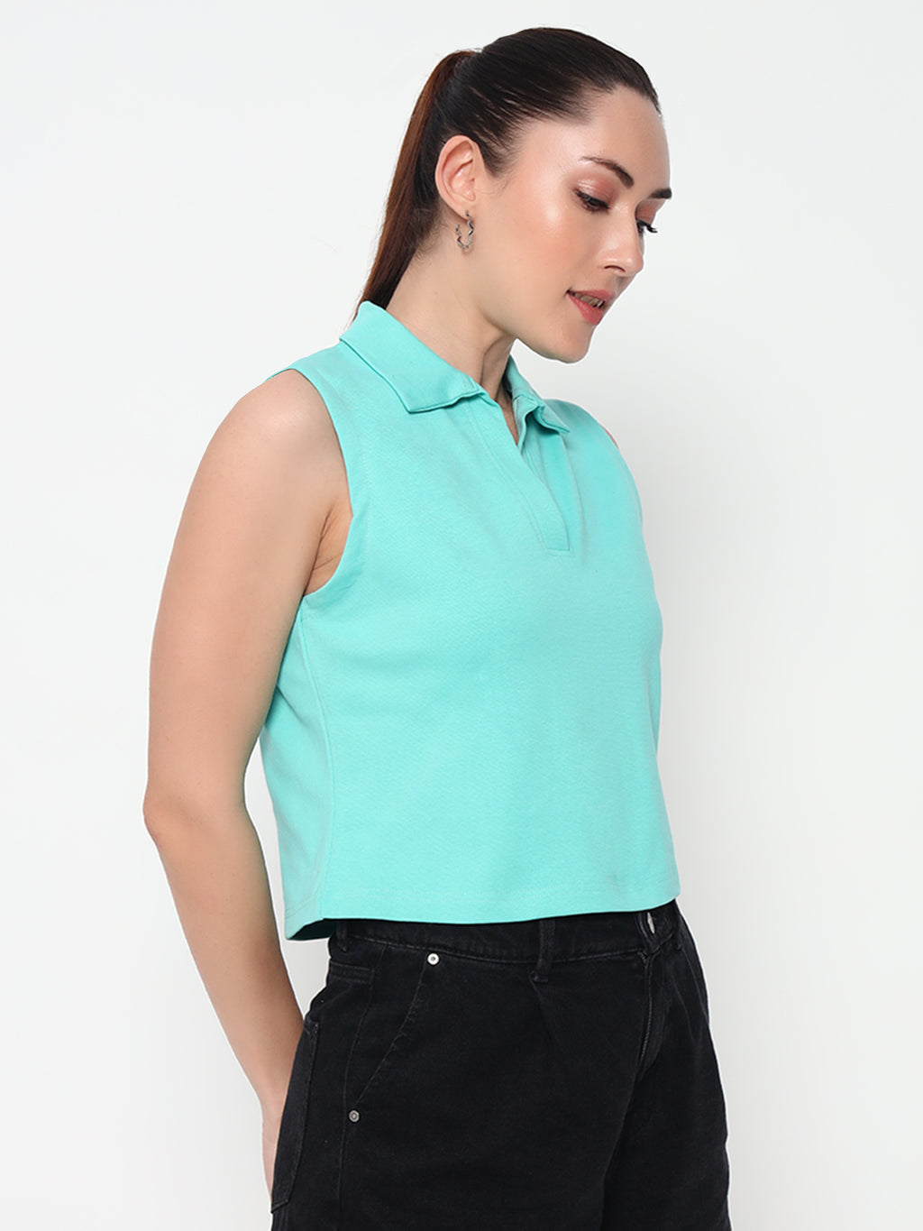 Women Collar Sea green Tank Top