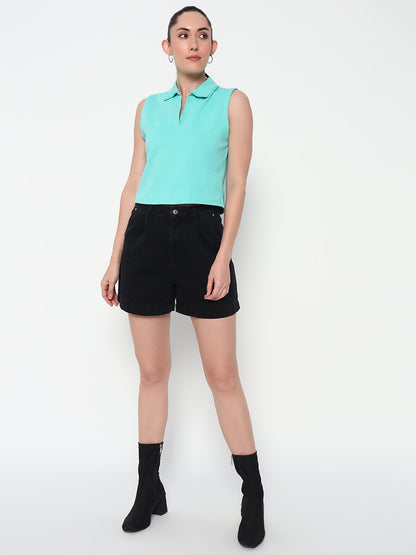 Women Collar Sea green Tank Top