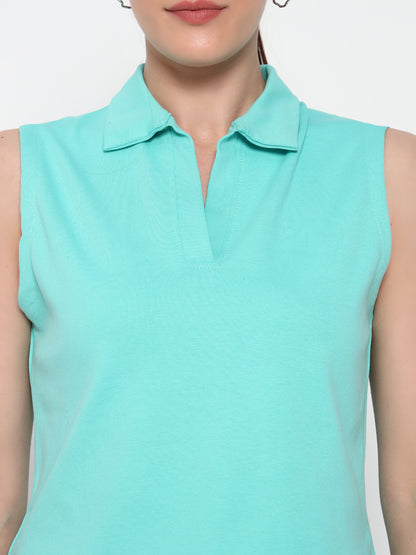 Women Collar Sea green Tank Top