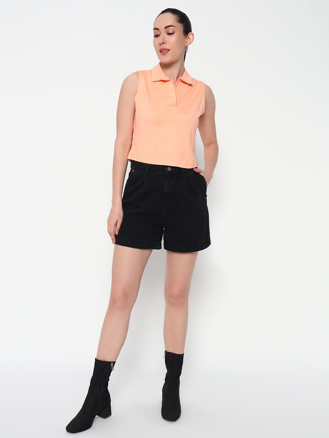 Women Collar Peach Tank Top