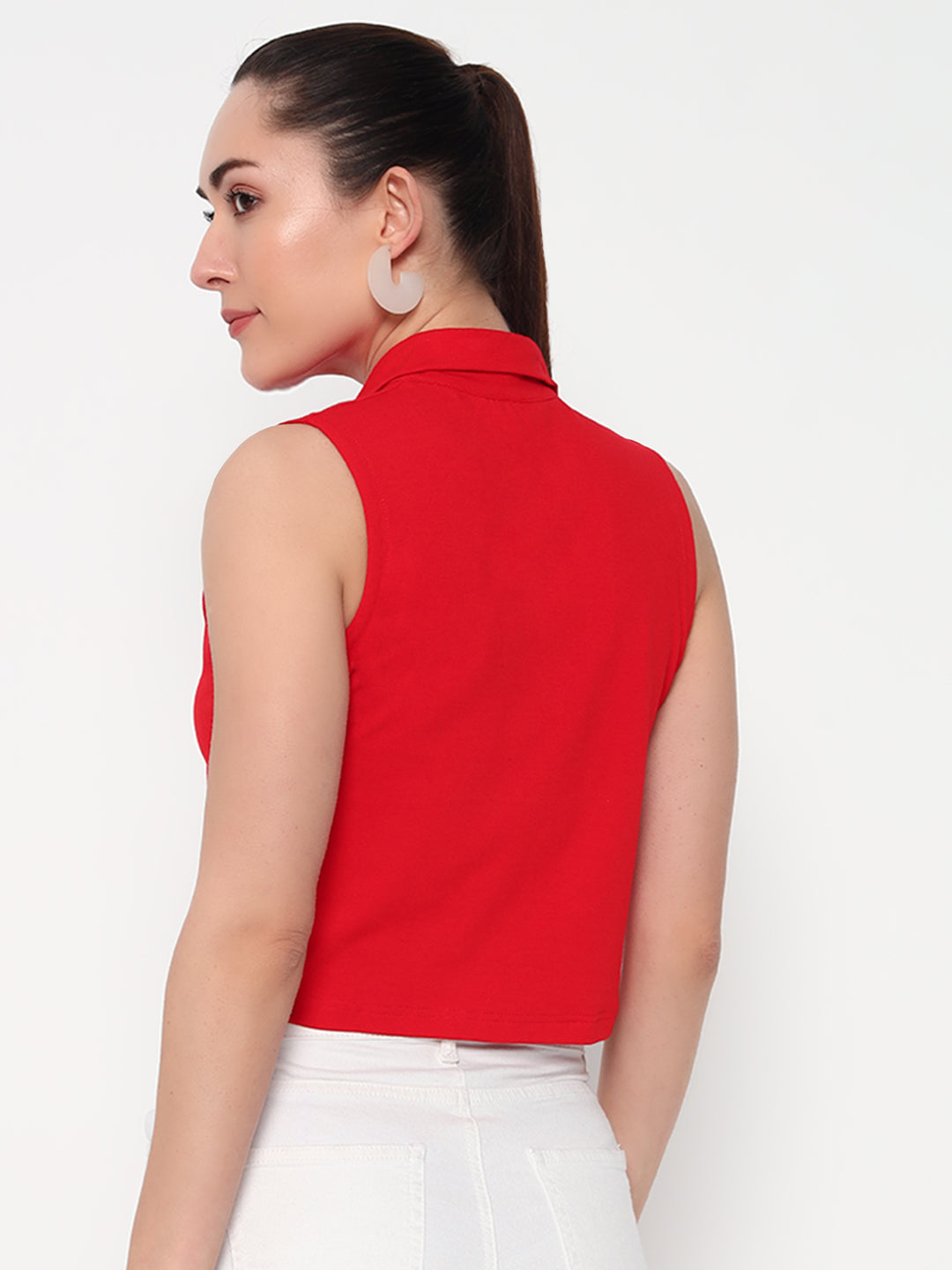 Women Collar Red Tank Top