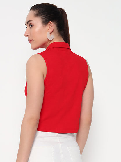 Women Collar Red Tank Top