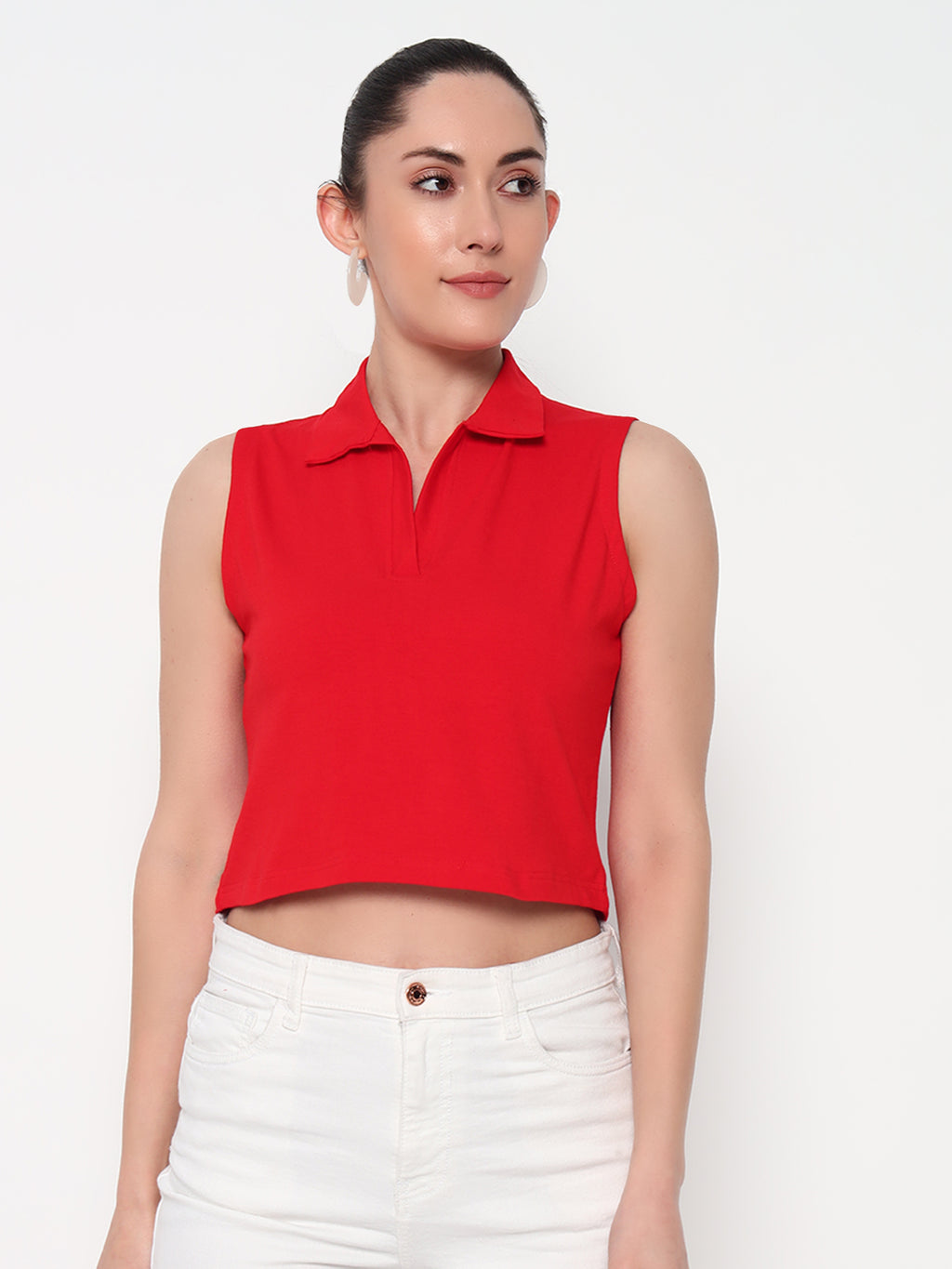 Women Collar Red Tank Top
