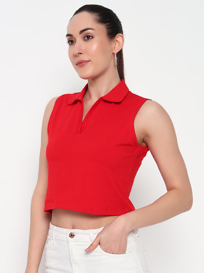 Women Collar Red Tank Top
