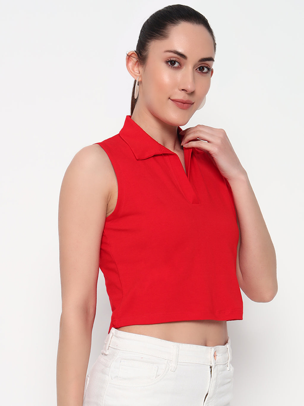 Women Collar Red Tank Top