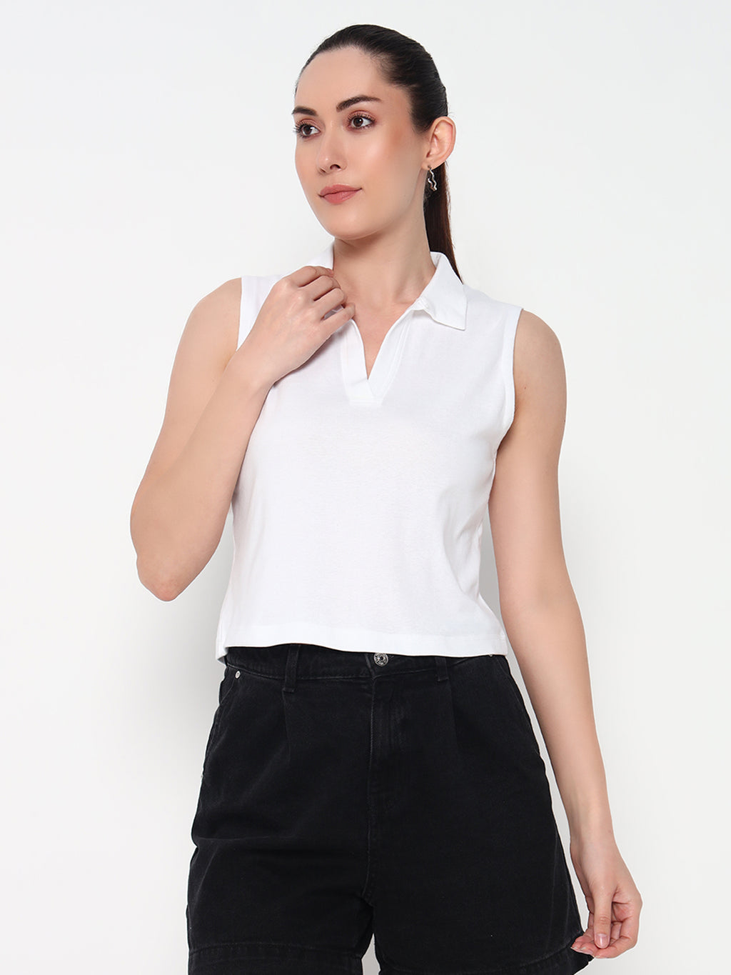 Women Collar White Tank Top