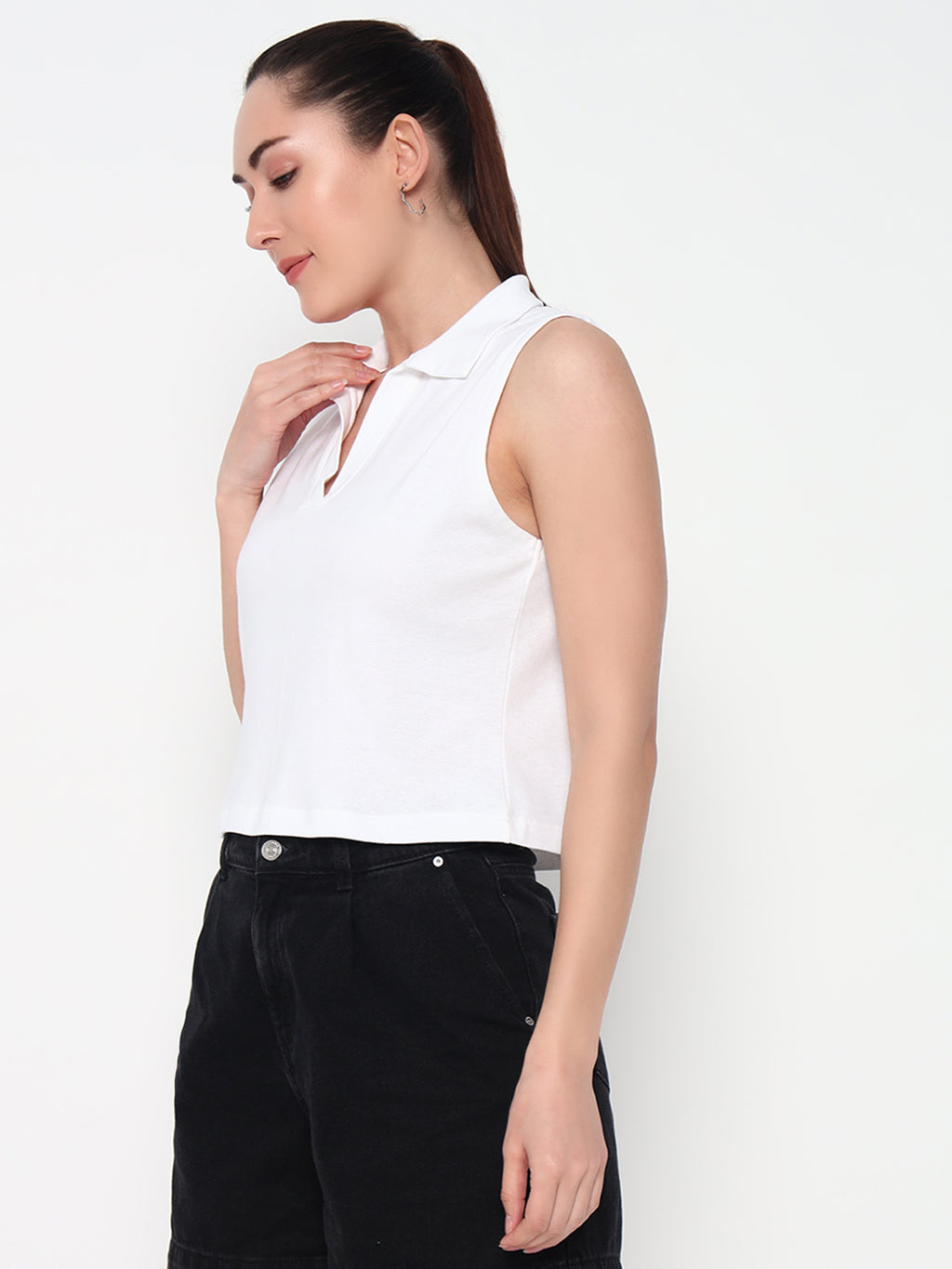 Women Collar White Tank Top