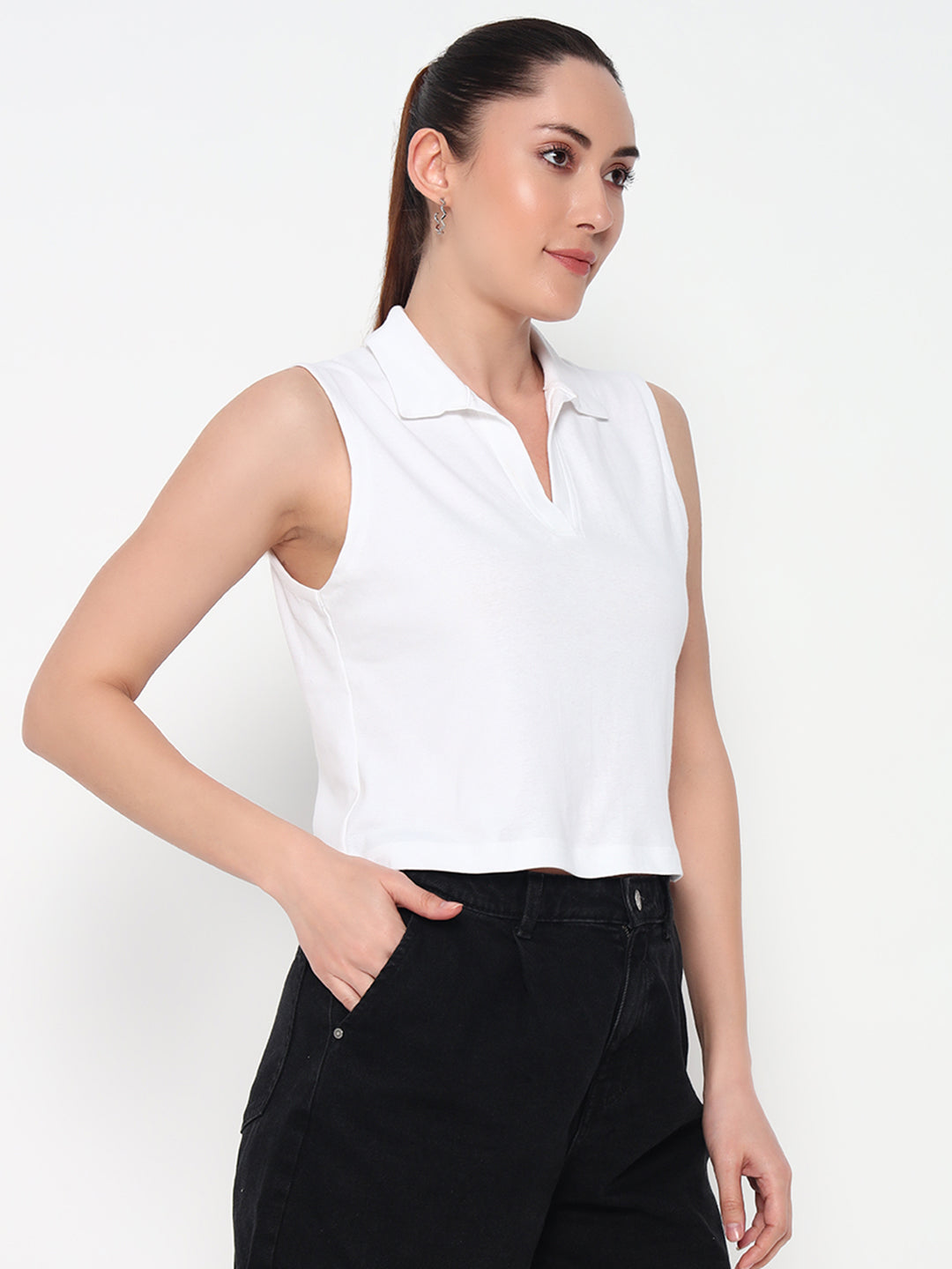 Women Collar White Tank Top