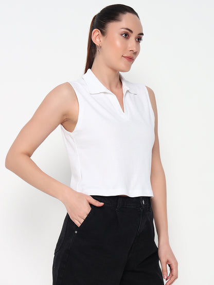 Women Collar White Tank Top
