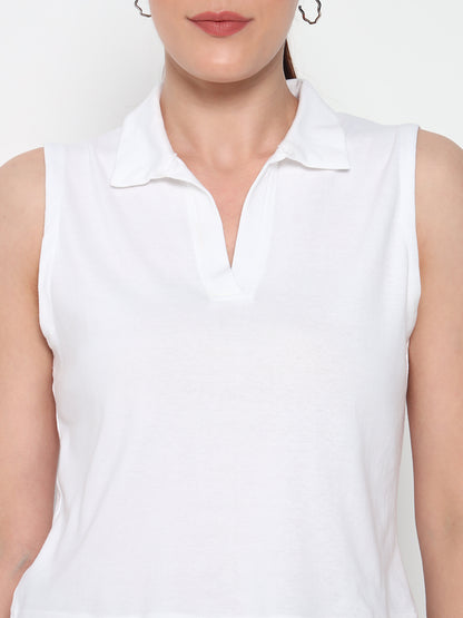Women Collar White Tank Top