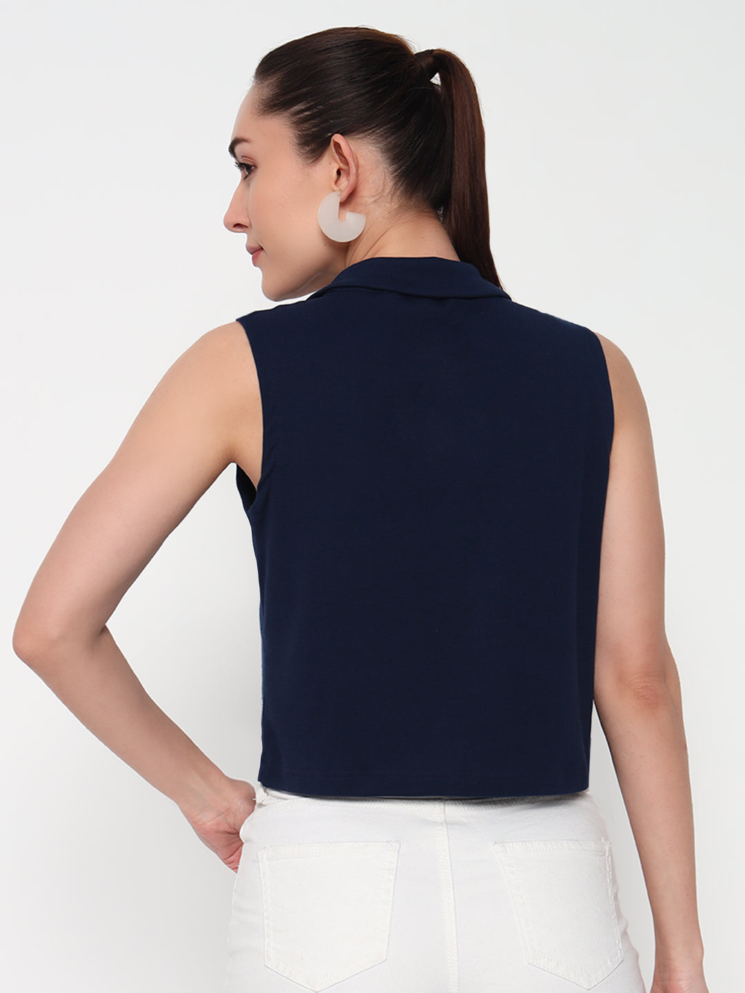 Women Collar Navyblue Tank Top