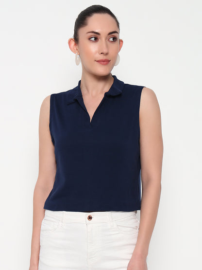Women Collar Navyblue Tank Top