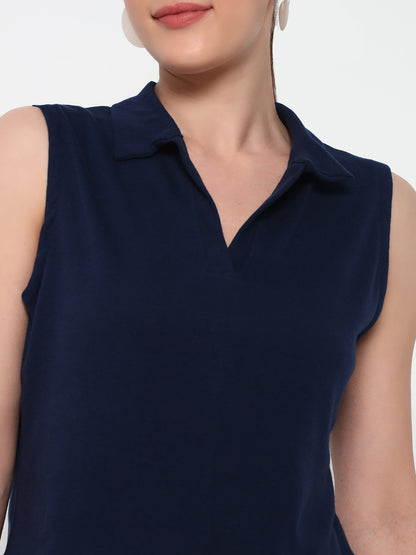 Women Collar Navyblue Tank Top