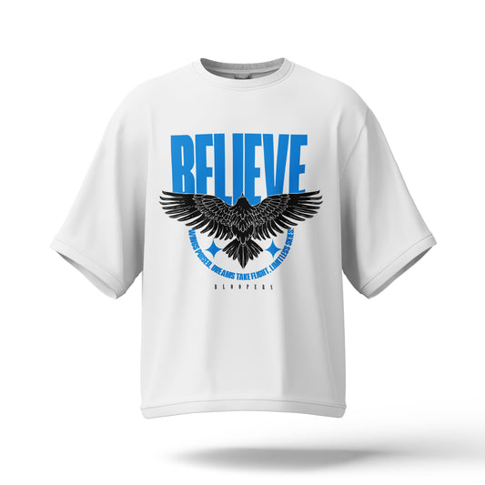 Men's Believe White Oversized Drop shoulder Half Sleeve White T-shirt