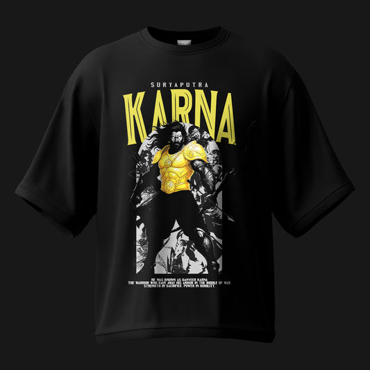 Black t-shirt with 'Karna' graphic design featuring a warrior 