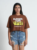 Elevate Your Vision Brown Trendy Graphic Printed Crop Top For Women