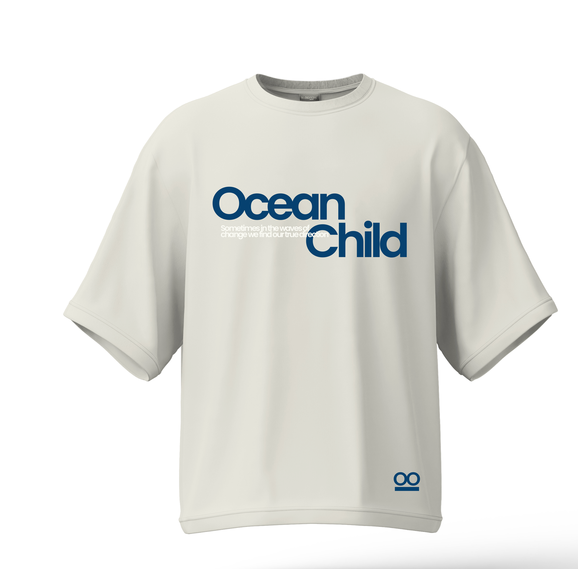 Beige t-shirt with blue text 'Ocean Child' 