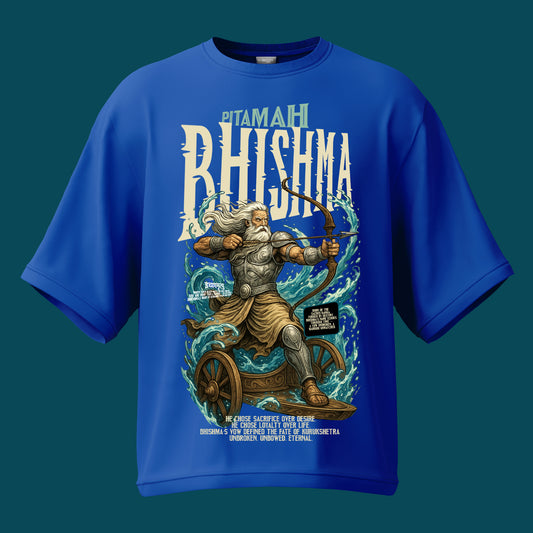 Blue t-shirt with warrior graphic and 'Bhishma' text