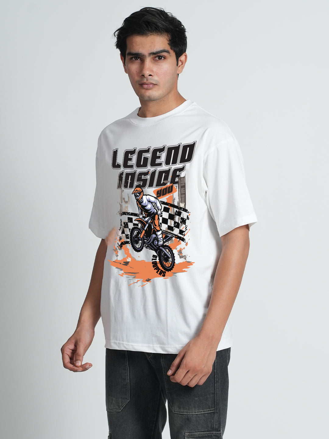 Lagend Inside White Graphic Printed Oversized T-shirt for Men
