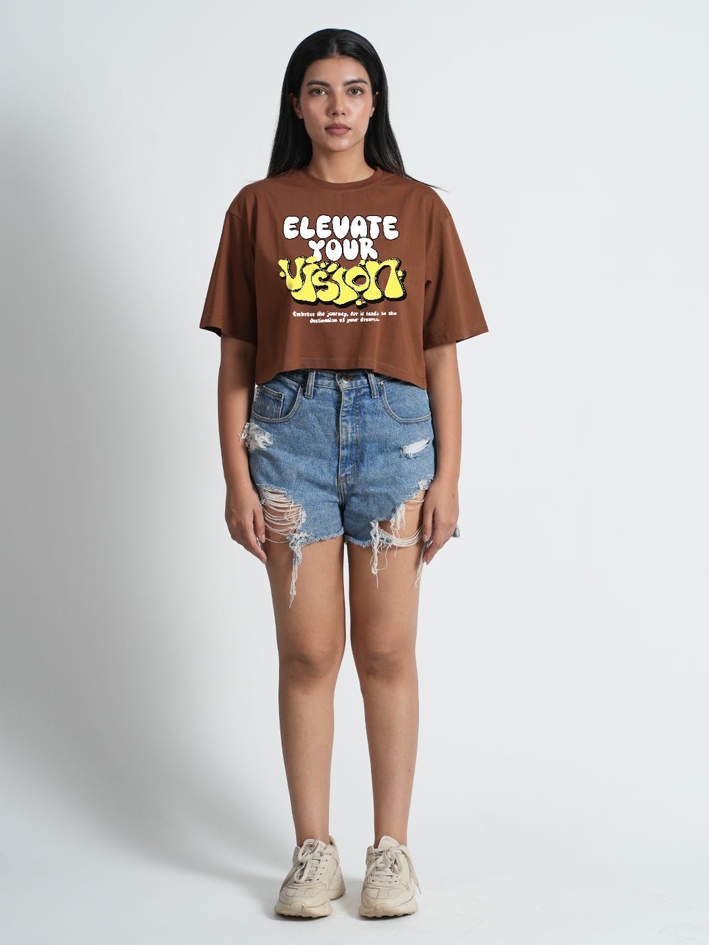 Elevate Your Vision Brown Trendy Graphic Printed Crop Top For Women