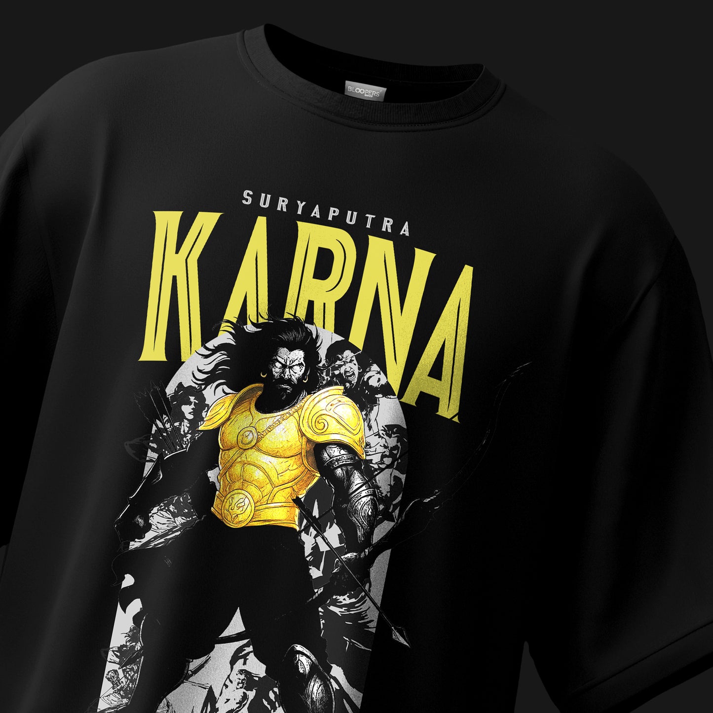 Black sweatshirt with 'Suryaputra Karna' graphic design 