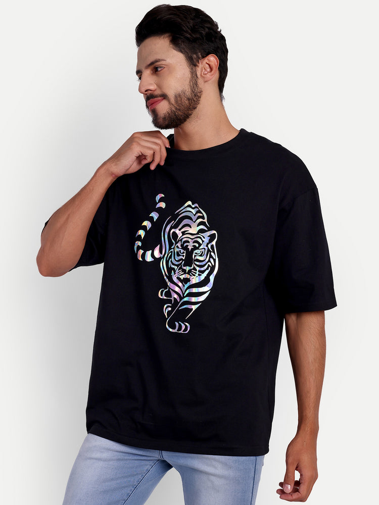 Tiger Holographic  Black Oversized T-shirt
