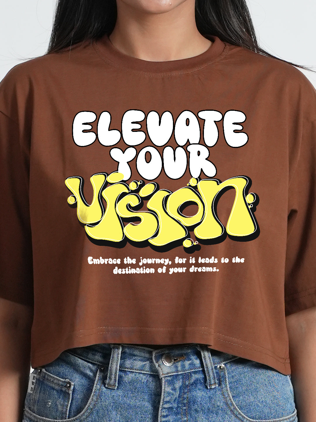 Elevate Your Vision Brown Trendy Graphic Printed Crop Top For Women