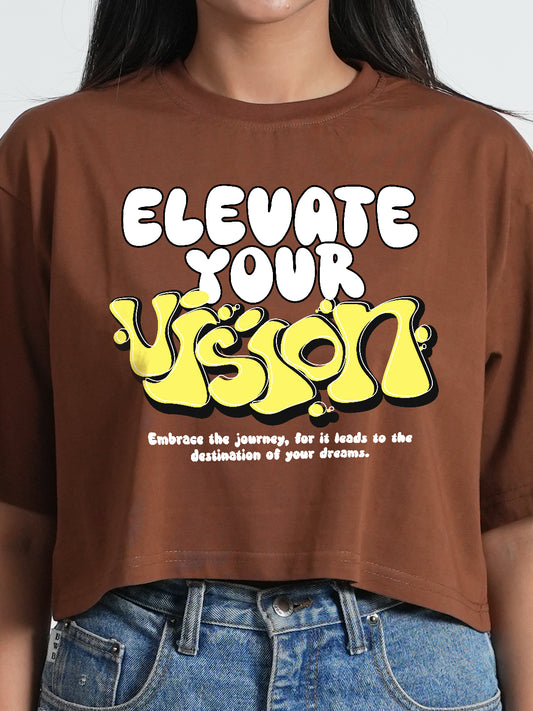 Elevate Your Vision Brown Trendy Graphic Printed Crop Top For Women