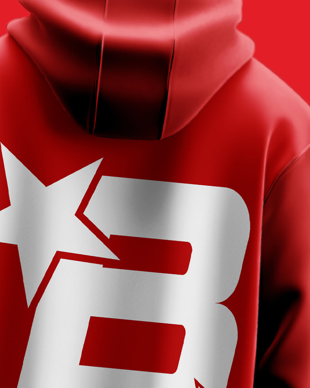 Red hoodie with a white star and logo on the back 