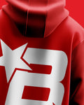 Red hoodie with a white star and logo on the back 