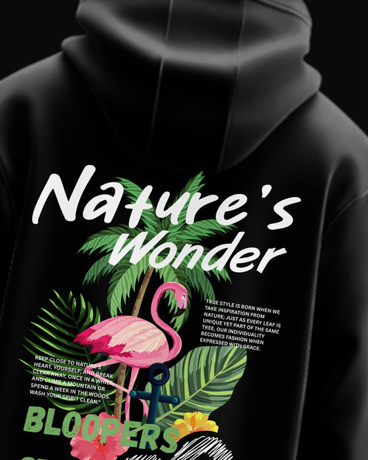 Black hoodie with 'Nature's Wonder' and flamingo design