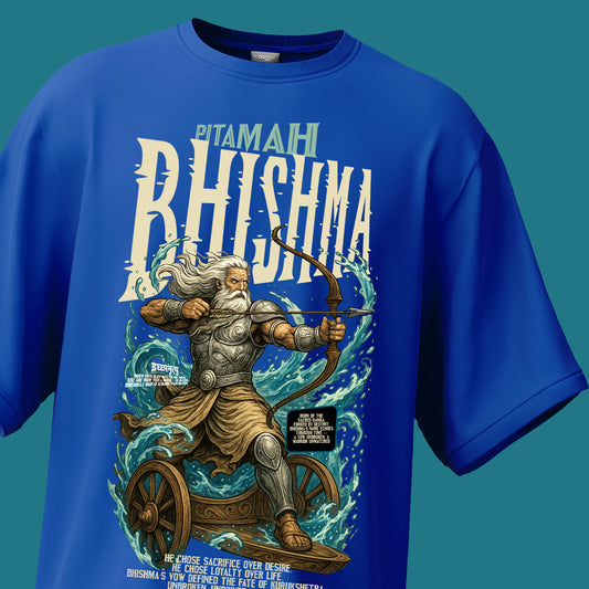 Blue t-shirt with a graphic of a warrior and text 