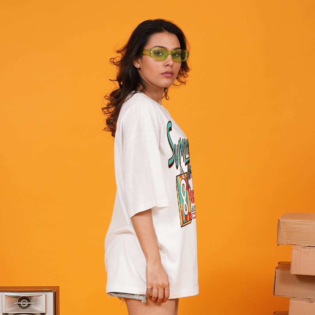 Summer Time White Oversized Dropshoulder Womens T-shirt